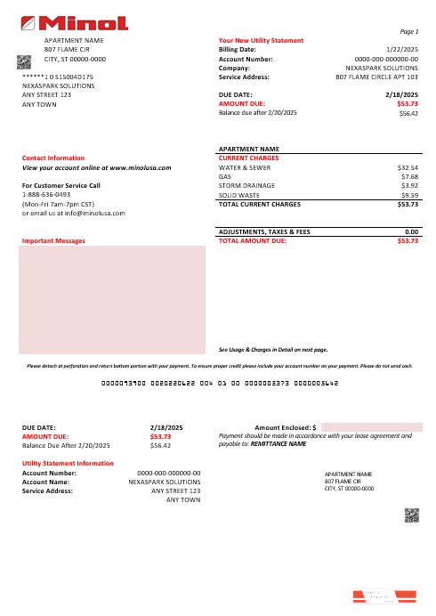 USA Texas Minol business utility bill template in Word and PDF formats
